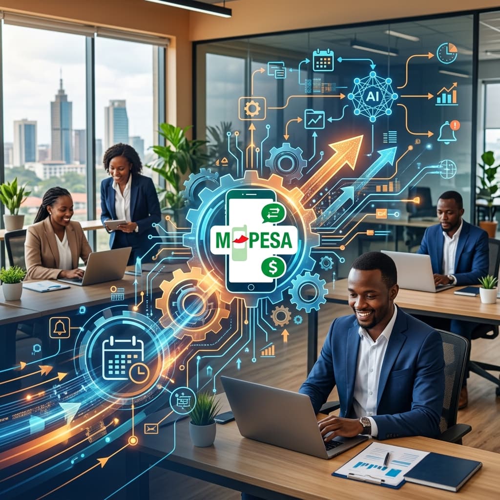 AI-powered business automation workflows in a Kenyan office with M-Pesa integration visualization