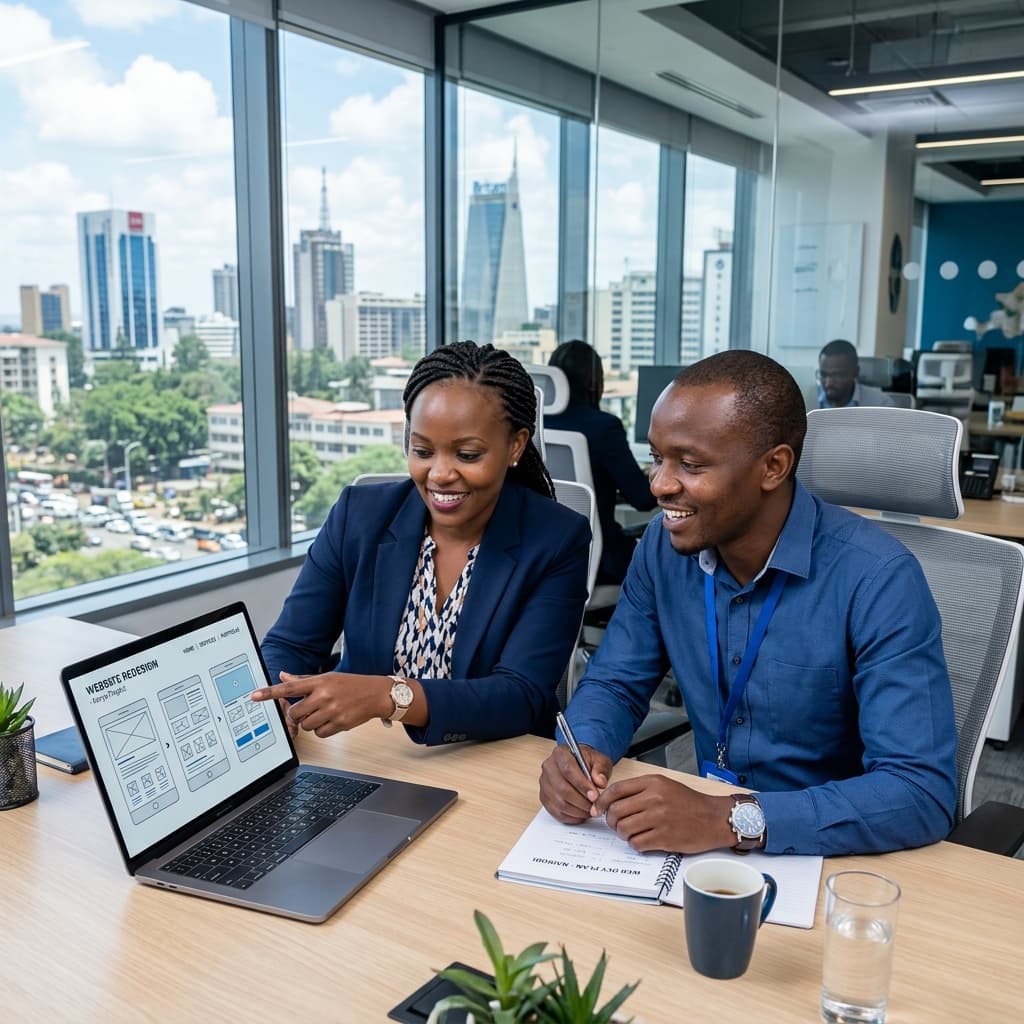 Two Kenyan professionals reviewing website wireframes together in a modern Nairobi office