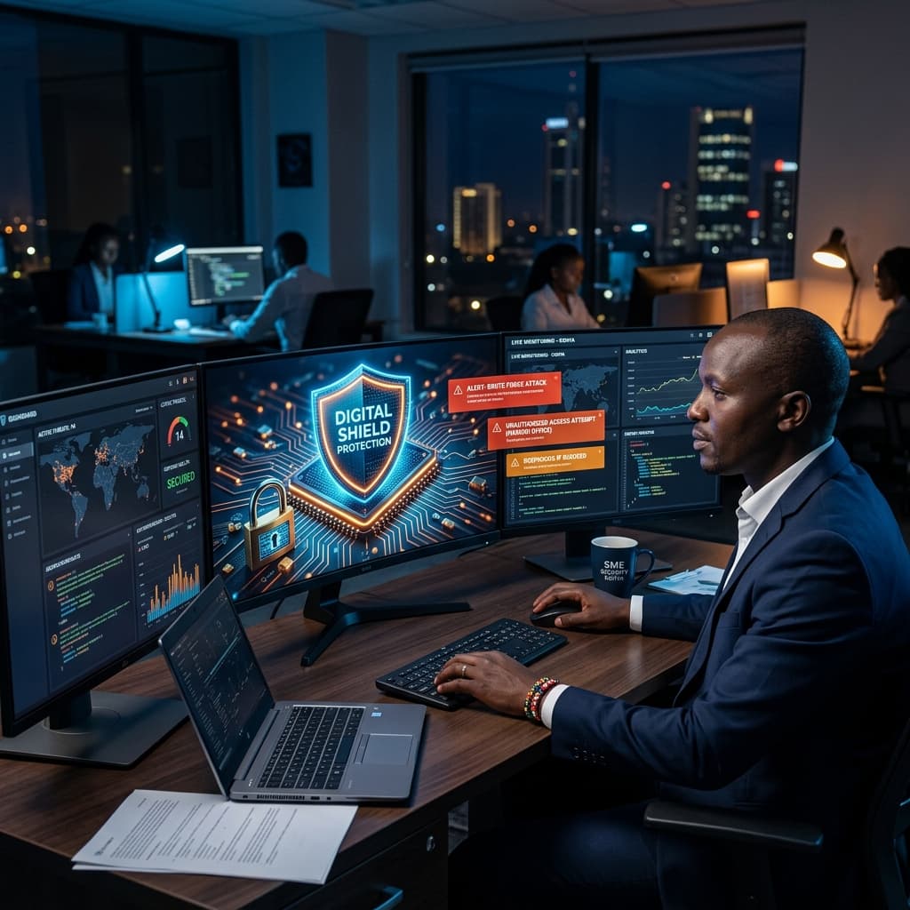 Kenyan cybersecurity professional monitoring threat dashboard with digital shield protection visualization