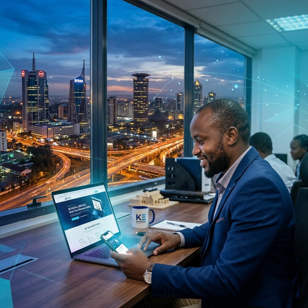 Kenyan business professional reviewing their website on a laptop with Nairobi skyline in background